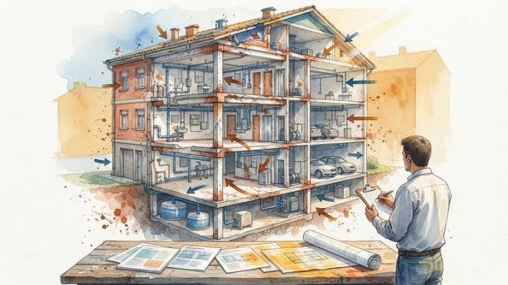 Ilustração técnica de inspeção predial e engenharia em edificação